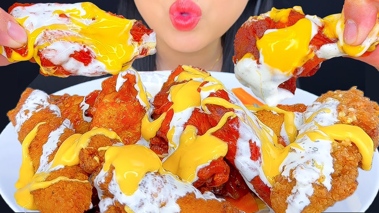 ASMR WINGSTOP FRIED CHICKEN DRENCHED IN CHEESE AND RANCH SAUCE (MUKBANG)