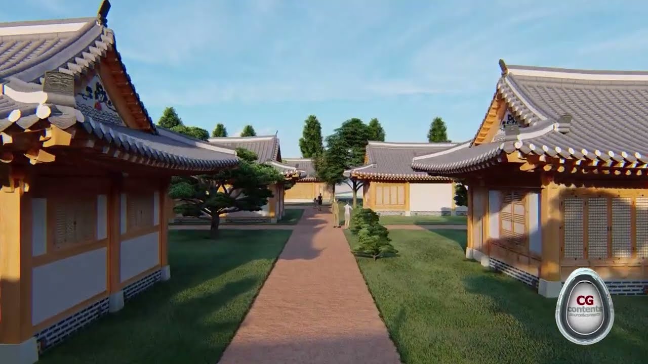 Hanok 3D simulation, Korean traditional house 3D architectural model source, 3D Hanok animation