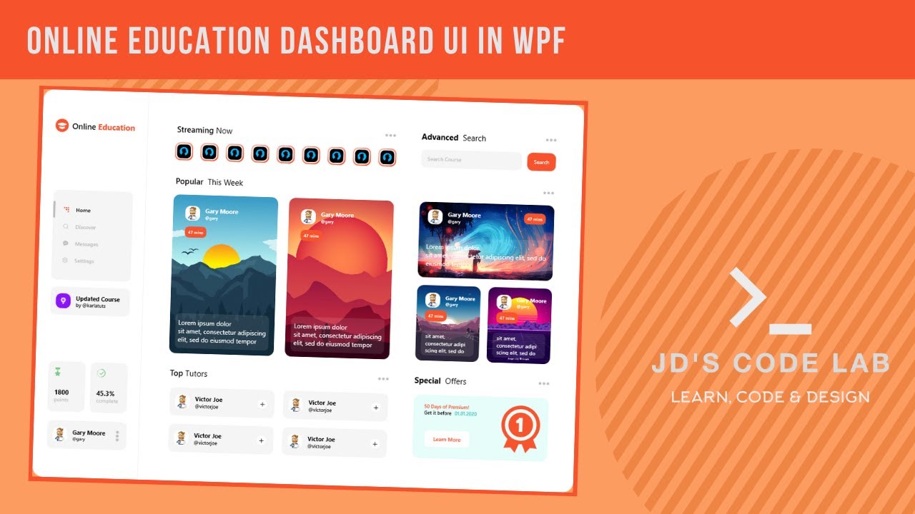 WPF C# | Online Education Dashboard UI | UI Design in Wpf C# (Jd's Code Lab)