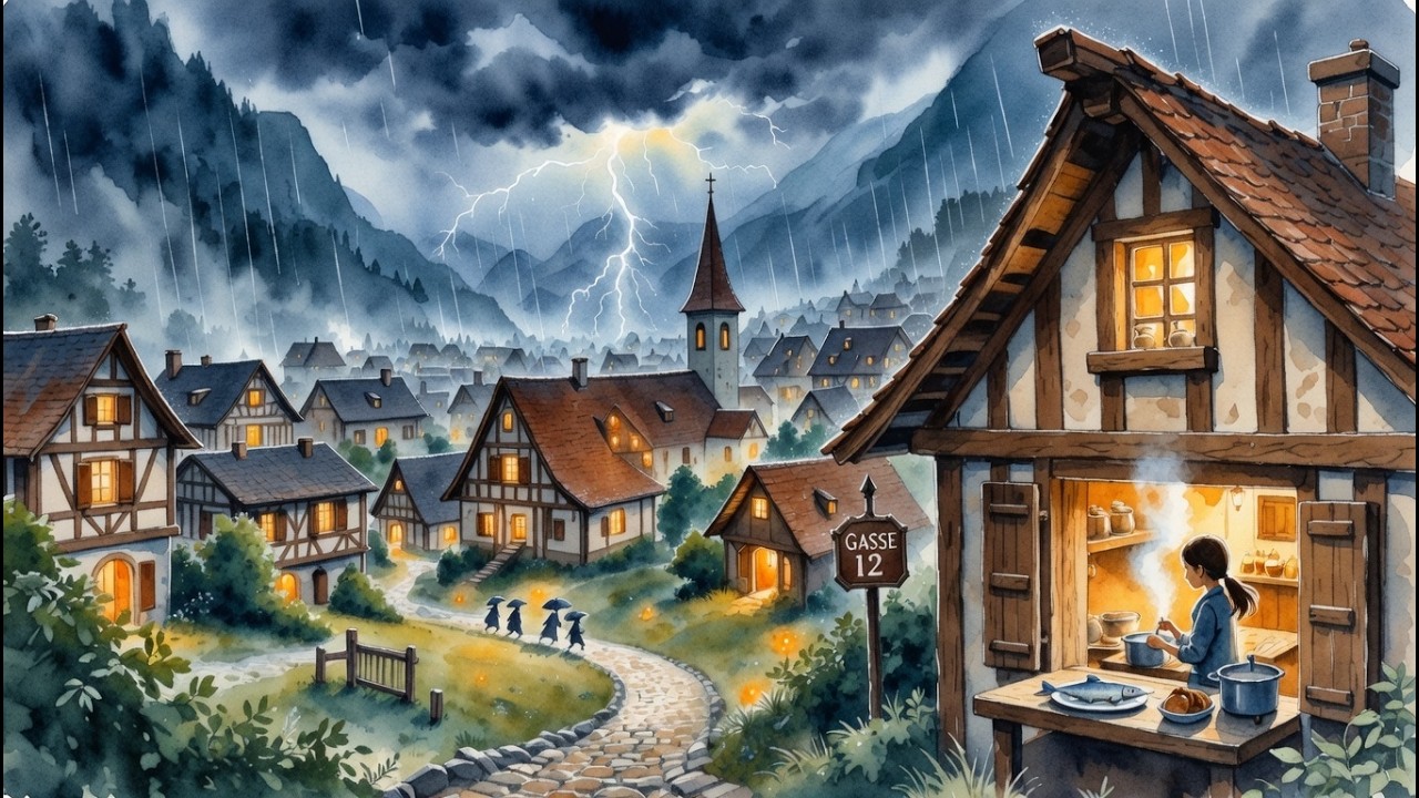 Peaceful Stormy Night Village 🌩️ Ghibli ASMR | Cozy Cooking Fish & Bread in Rain – No Talking