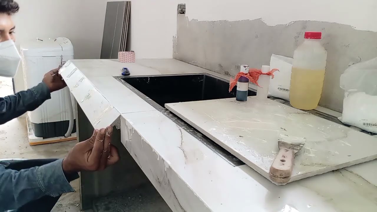 Como pegamos porcelanato en mesada y corte 45 en bordes