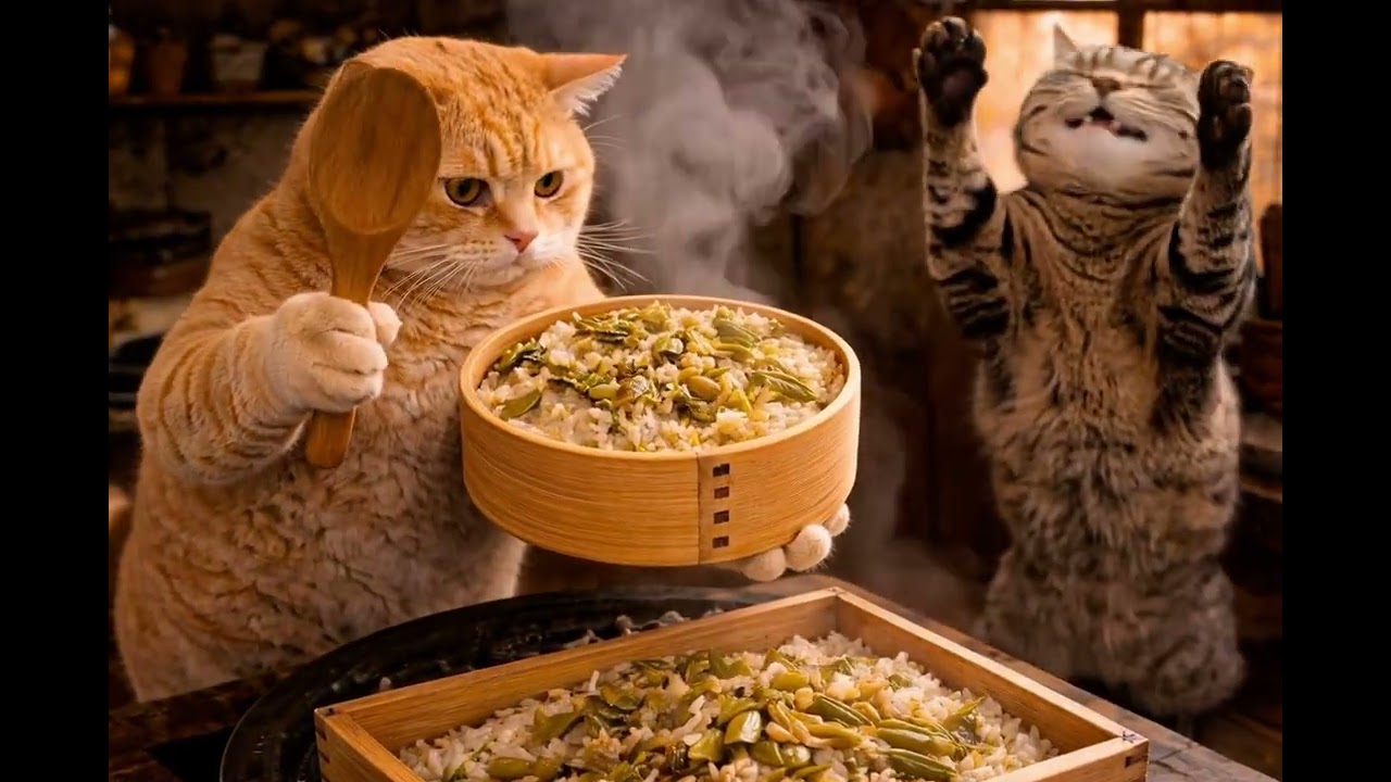 トラくんとこじろう#AI猫#猫料理#兄弟#山菜おこわ#Cat cooking