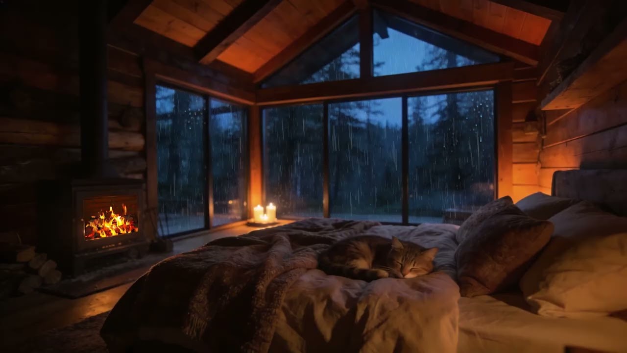 Rainy Night in a Cozy Cabin Bedroom 🌧 Fireplace, Sleeping Cat & Forest Window Ambience