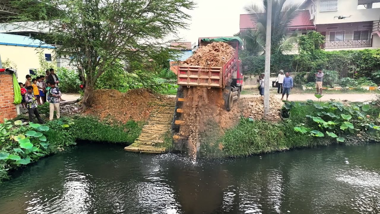 Bulldozer Operation Truck Transport Pouring in Aquatic Environment