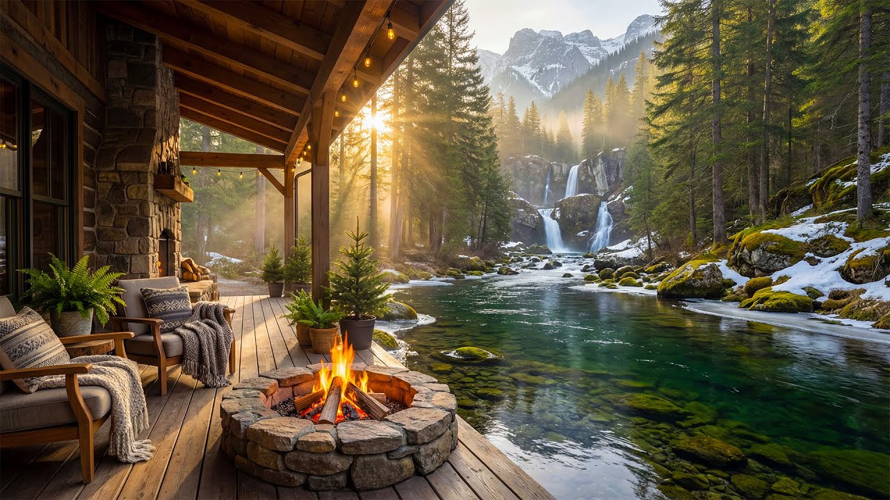 Most Relaxing Riverside Cabin Porch 🌲🔥 Cozy Campfire, Gentle River, Calm Birdsong & Forest Ambience