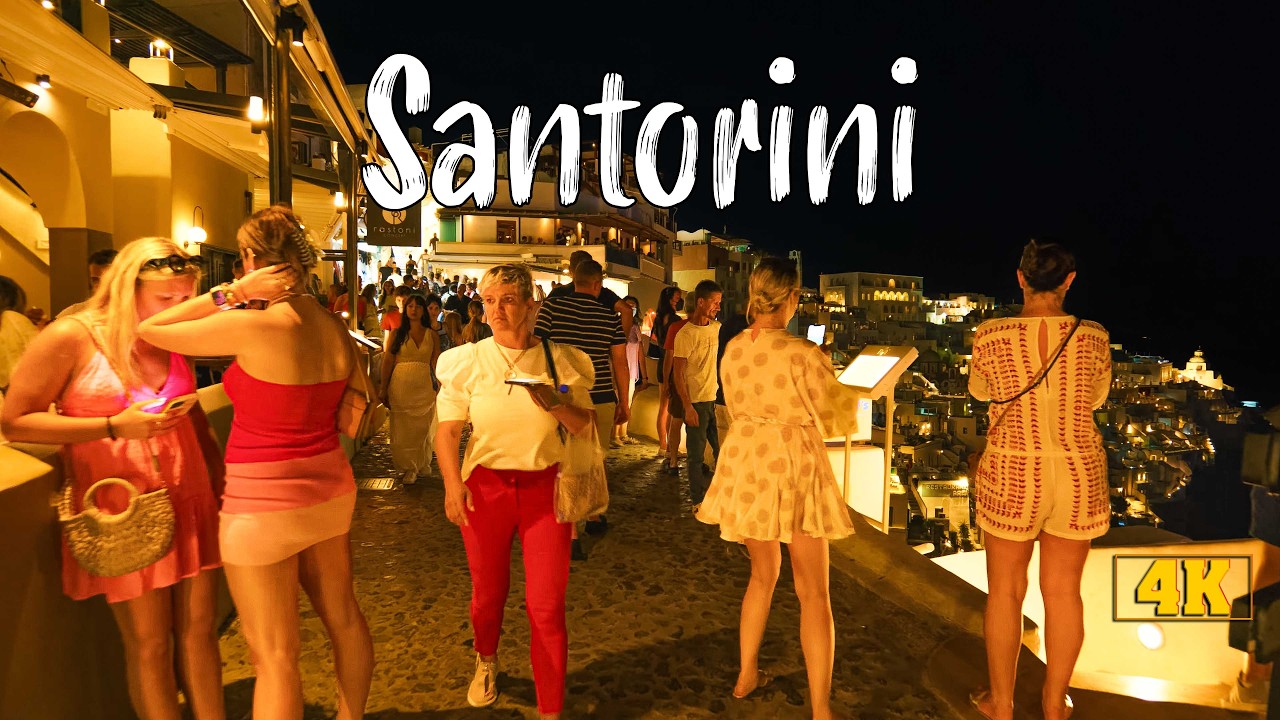 Santorini Greece Fira (Thira) walking tour 4K HDR, Nightlife of Santorini