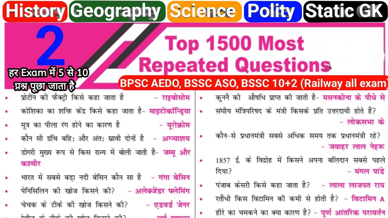 One Shot video: Science, History, Polity, Geography all subject one liner questions part 2