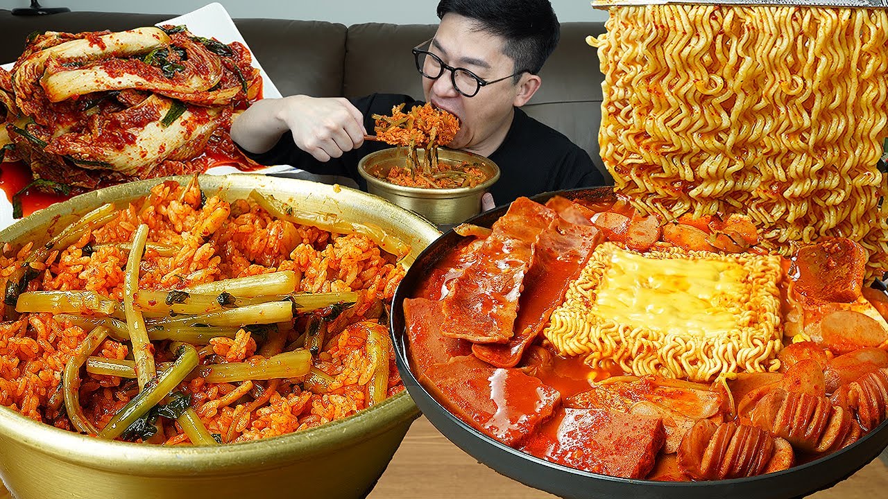 ASMR MUKBANGㅣSpicy sausage stew & Young radish Kimchi BibimbapㅣEATING SHOW