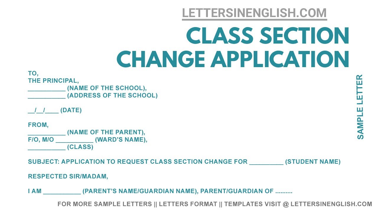 Application for Class Section Change in School from Parents - Application for Section Change