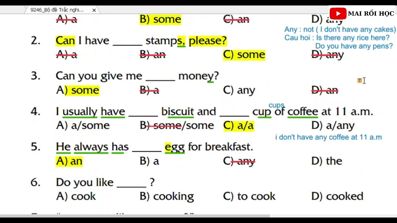 [12] - BẬC A1 - BÀI 12 - DANH TỪ - A/AN/SOME/ANY - DO YOU LIKE?/ WOULD YOU LIKE? - MUCH VÀ MANY