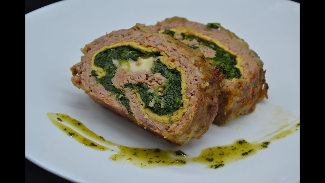 Ricette  di carne con verdure. Polpettone con spinaci e frittatina