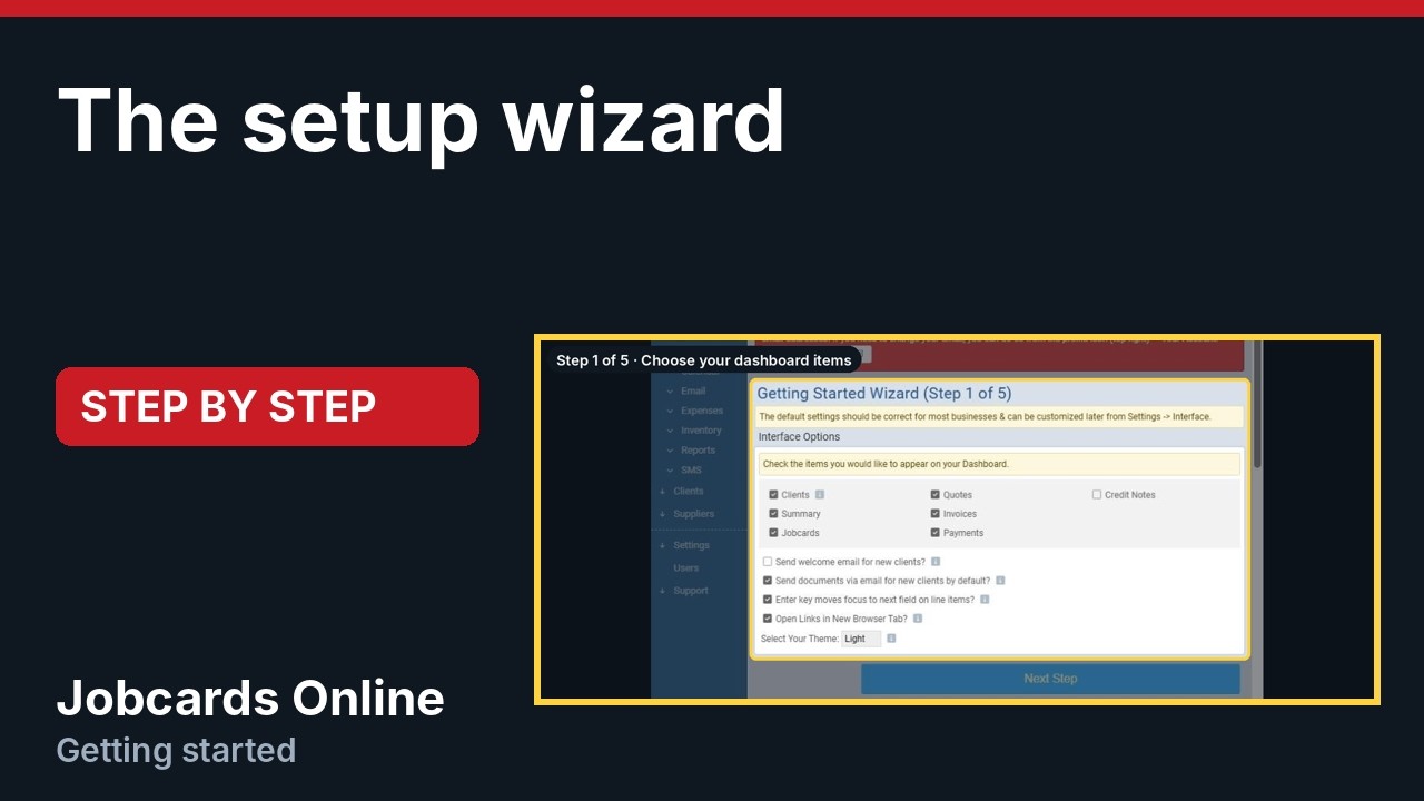The setup wizard | Jobcards Online Tutorial