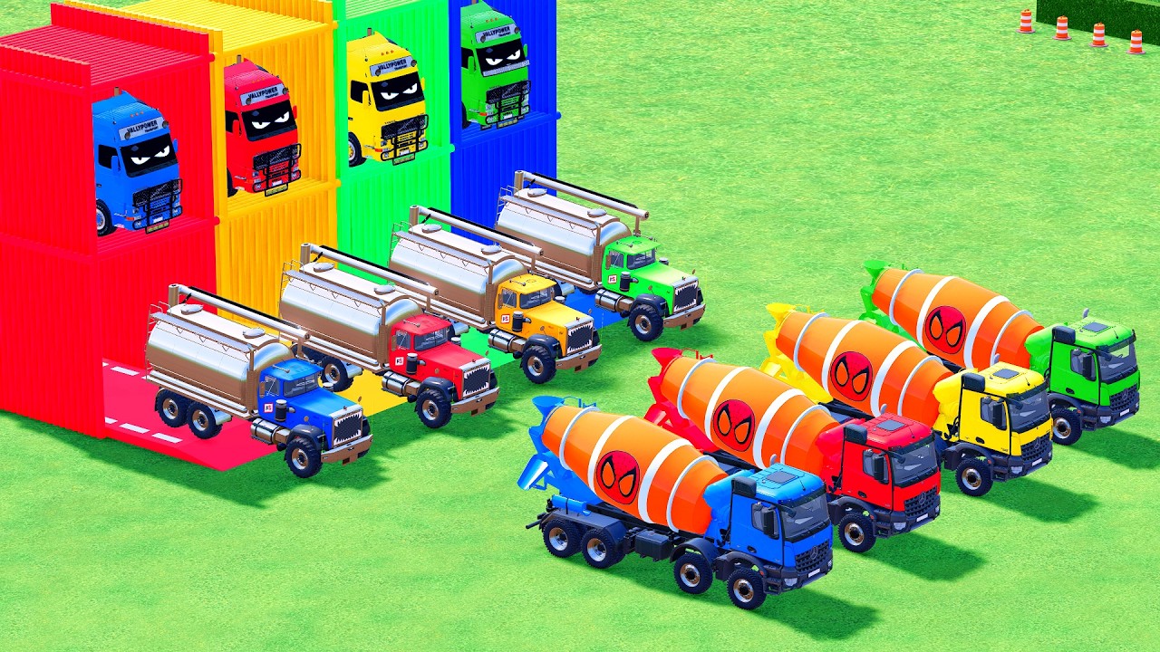 Garage with Colors - ALL MIXER TRUCK WITH DOUBLE FLATBED TRAILER TRUCK, SCANIA, MACK #76 - FS22