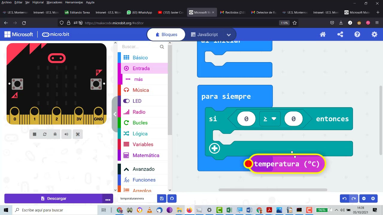 UD2 Programación microbit Temperatura óptima nevera Subir Moodle TIC 3ESOD IES Monterroso