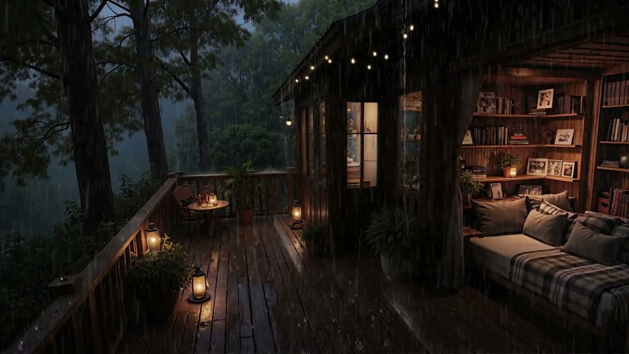 Calm Rain Drifting Over a Forest Cabin Roof 🌧️ Indoor Night Comfort | 4K – No Ads