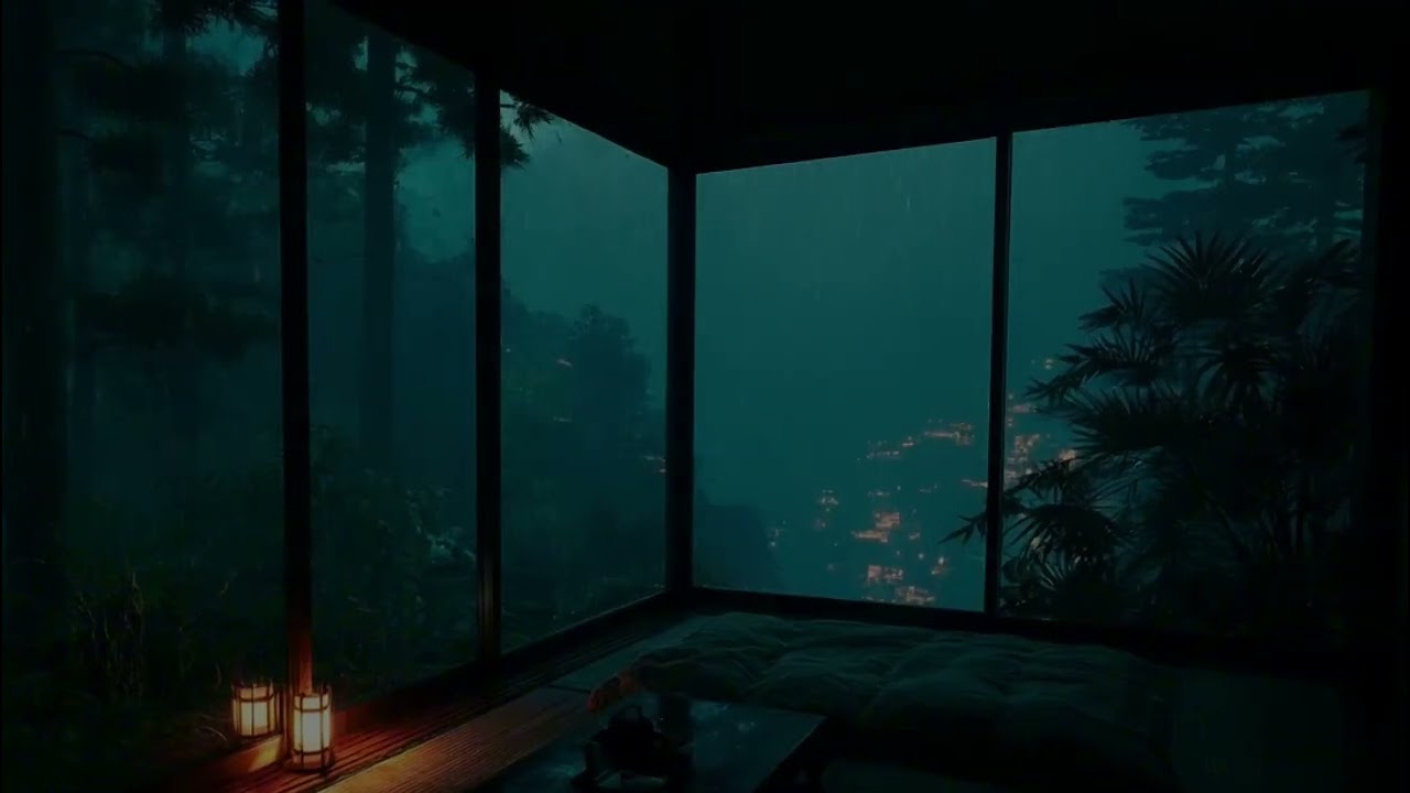 Heavy Rain on Glass Terrace (No Ads) — Modern Dark Ambience | Cozy Rain on Window