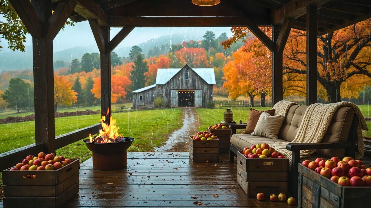 Rainy Fall Day on a Cozy Farm Porch 🍂 Autumn Apple Picking 🍎 Ambient Rain & Fire Sleep Sounds