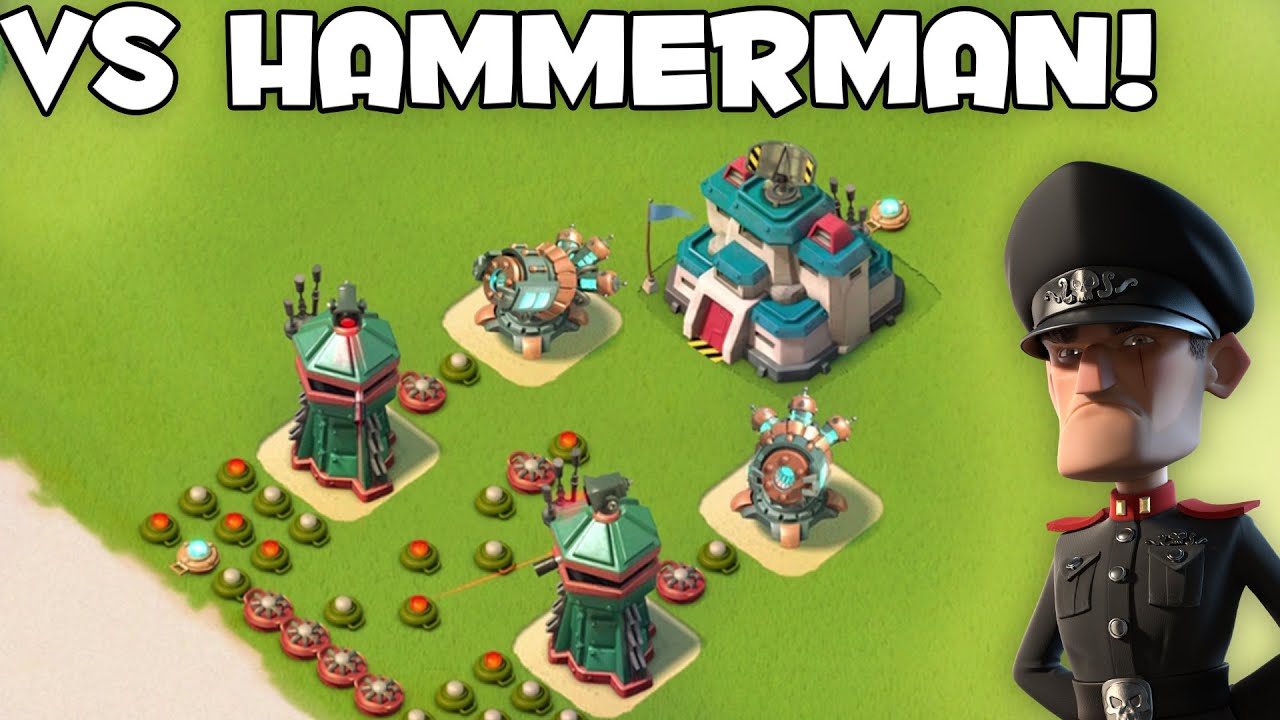MAX SNIPER TOWER & SHOCK LAUNCHER vs HAMMERMAN | Boom Beach