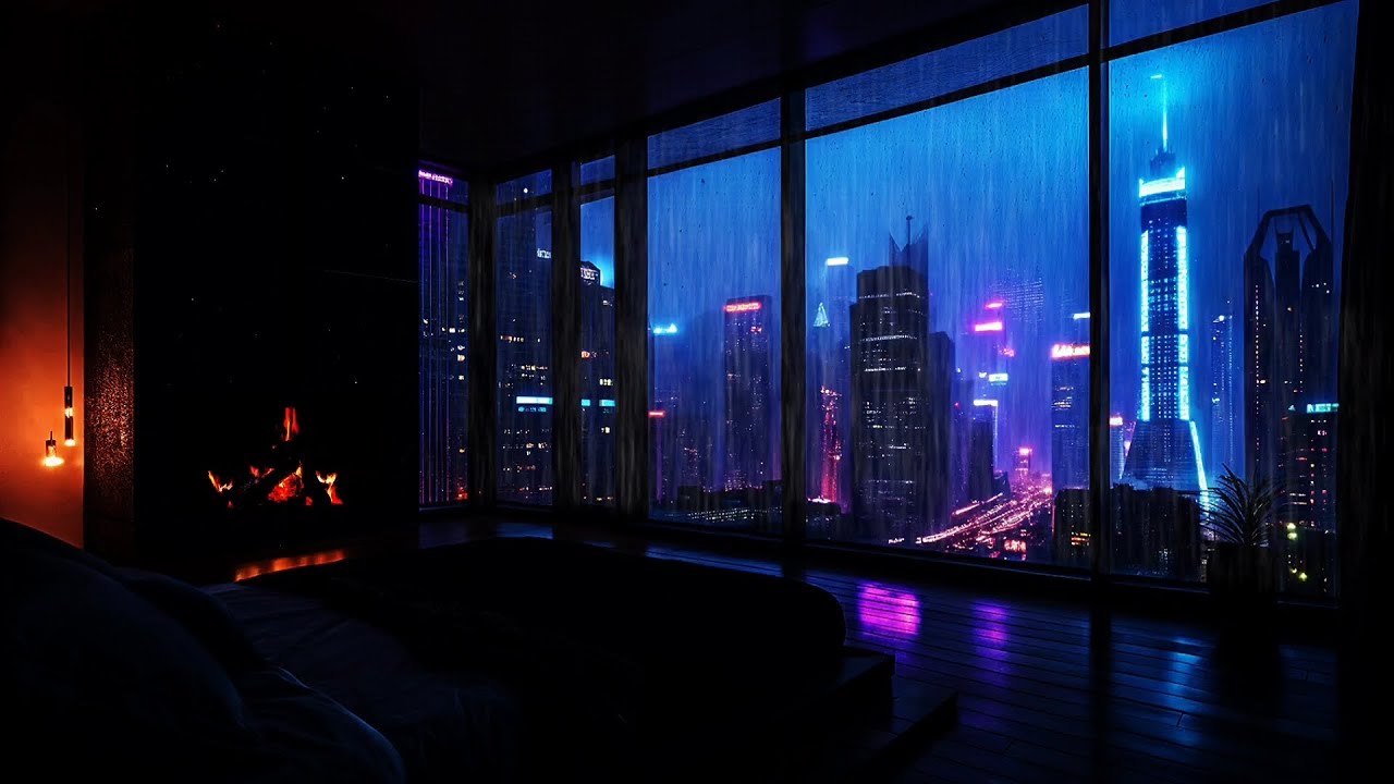 Relaxing rain sound🌧| Cyberpunk City Rain & Fireplace Ambience