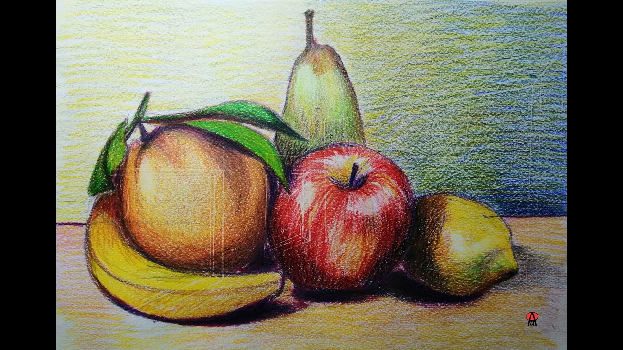 Video con sequenze operative per la coloritura a matite colorate di una natura morta (frutta).