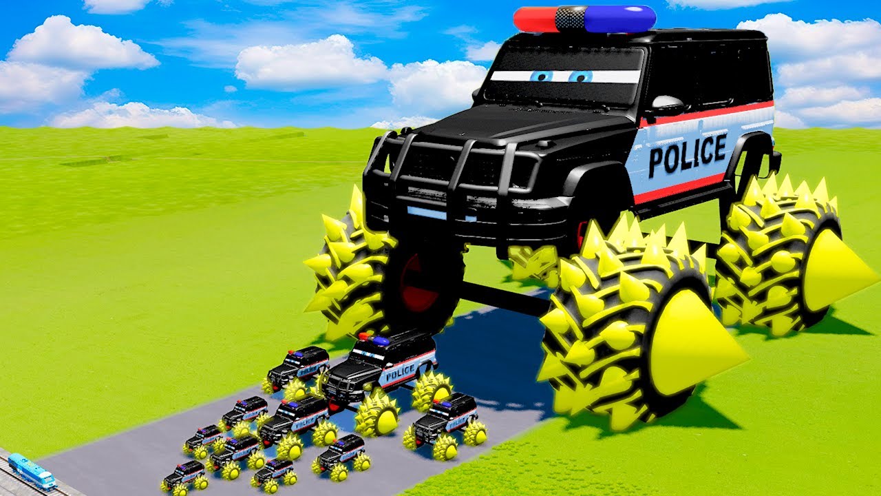 Big & Small Vizor Police Spiked Lightning McQueen vs Thomas Trains | BeamNG.drive