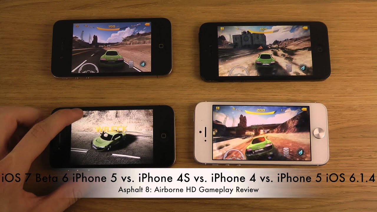 iOS 7 Beta 6 iPhone 5 vs. iPhone 4S vs. iPhone 4 vs. iPhone 5 iOS 6.1.4 - Asphalt 8 Gameplay Review