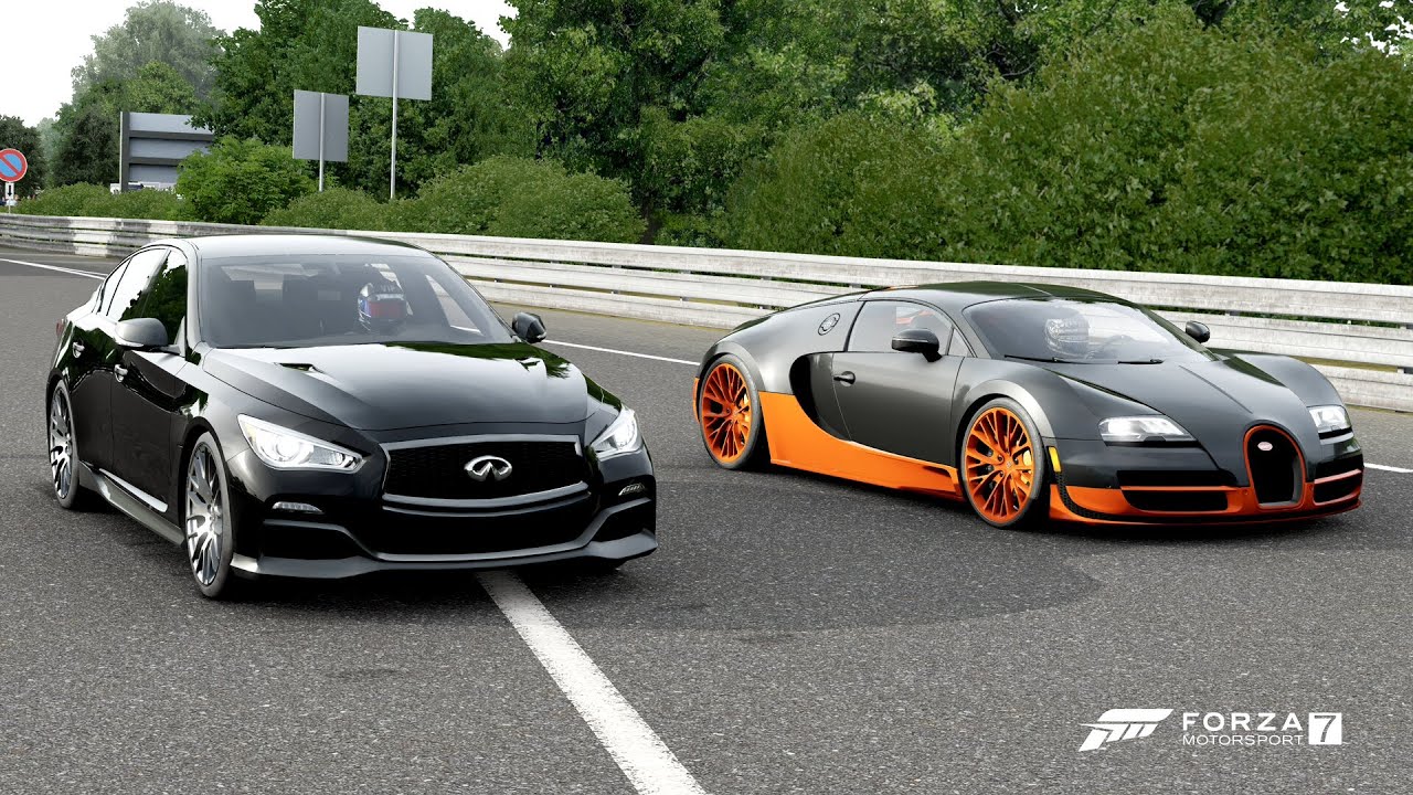 Forza 7 Drag race: Bugatti Veyron SS vs Infiniti Q50 Eau Rouge (Tuned)