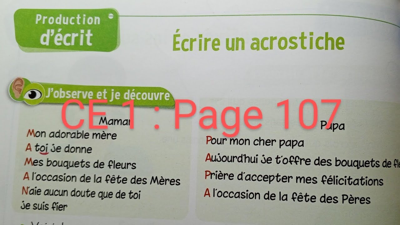CE1 : Production d' écrit : Écrire un acrostiche page 107 . Le trésor des mots