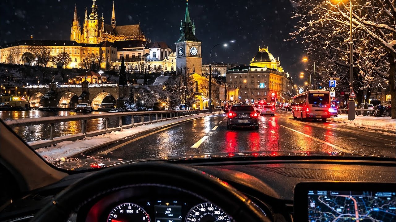 🚗 Praha noční zimní městská jízda | Klidná jízda autem | 4K | Bez komentáře