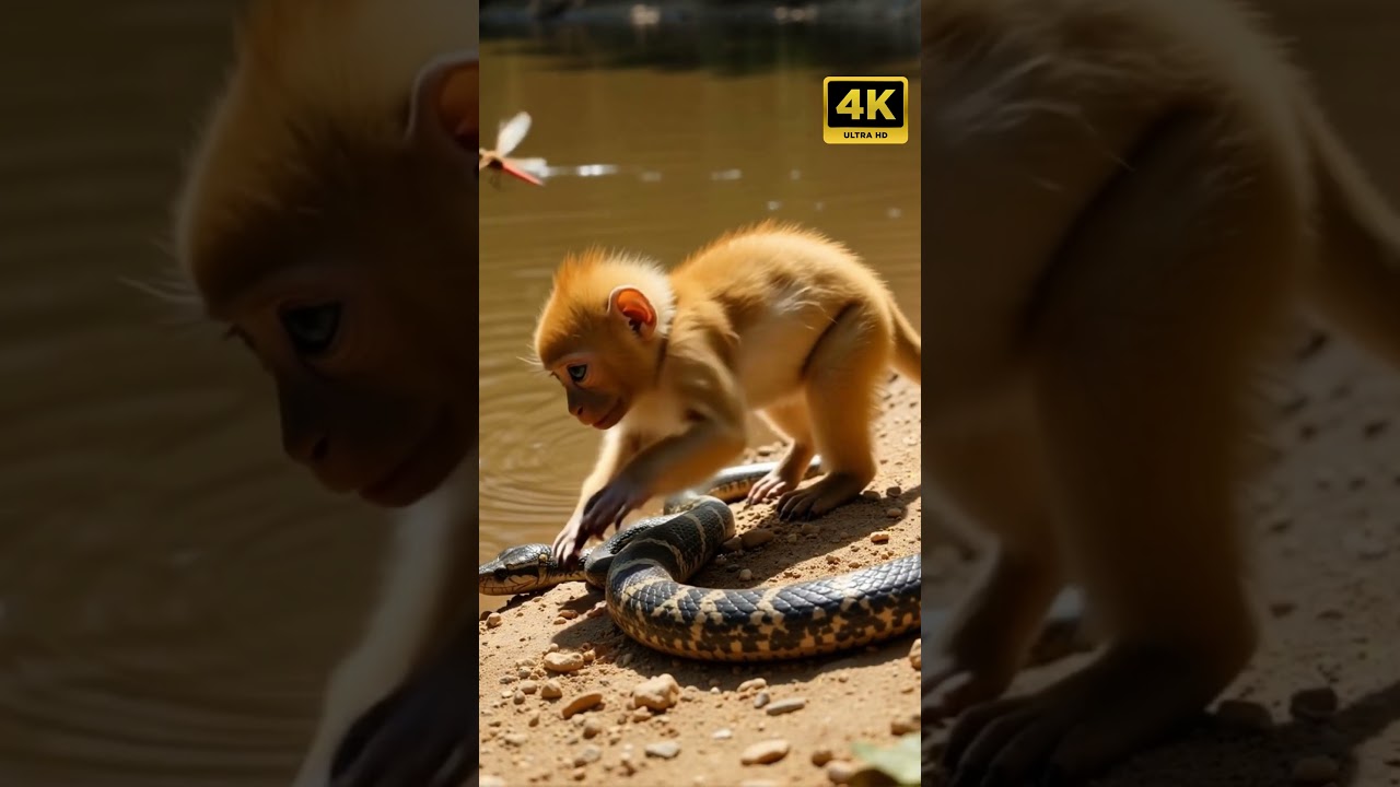 Curiosity Unleashed: Golden Baby Monkey's Daring Encounter with a Wild Snake!