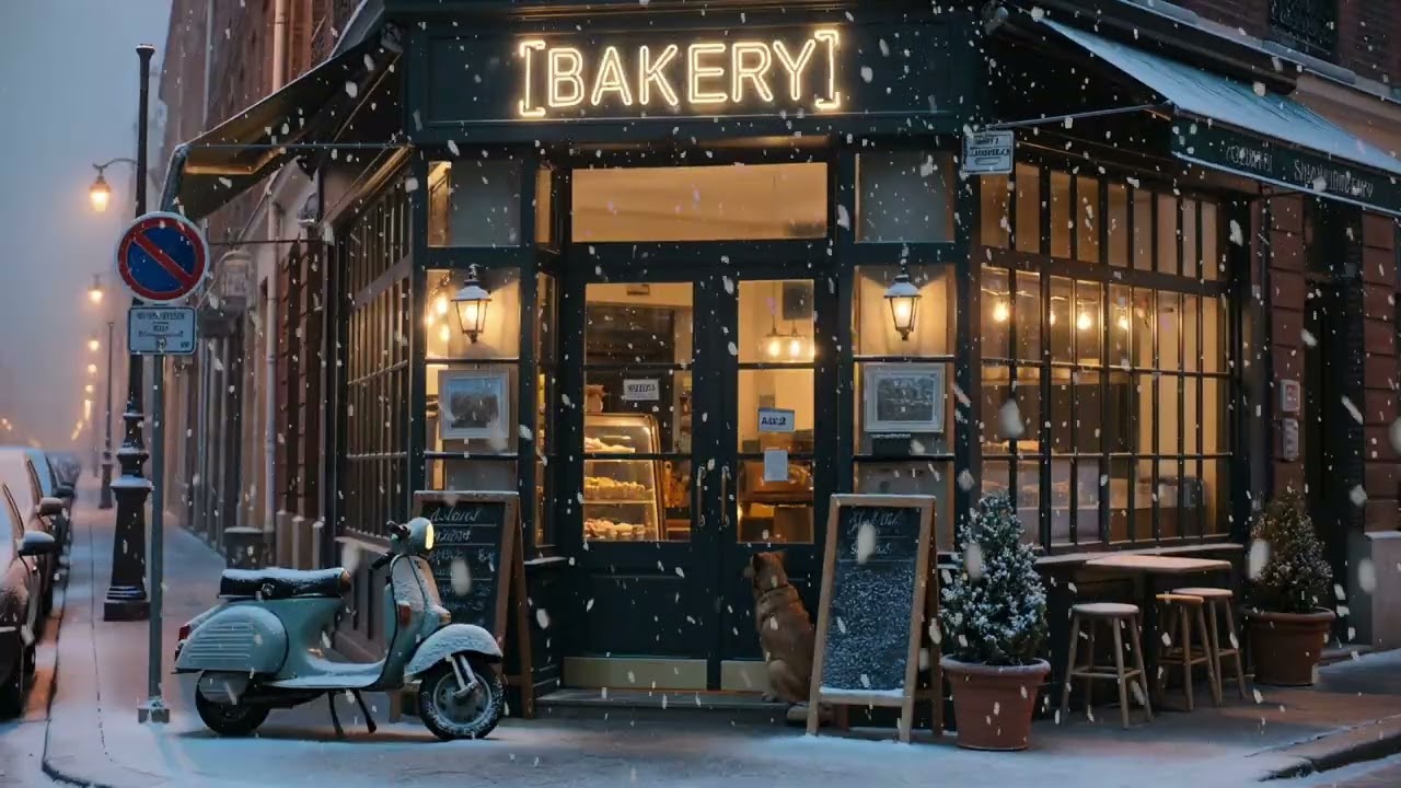 4k The Snow Never Stops... Warm Bakery Coffee Shop Ambience with Relaxing Sleep Music 🌨️ ☕