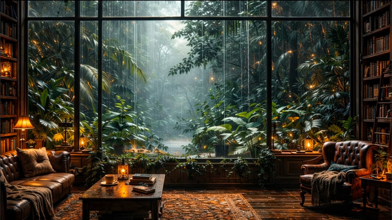 2-HOUR Rainy Day Library Study | Jazzy Lofi 🎷 + Heavy Tropical Rain ☔ Pomodoro