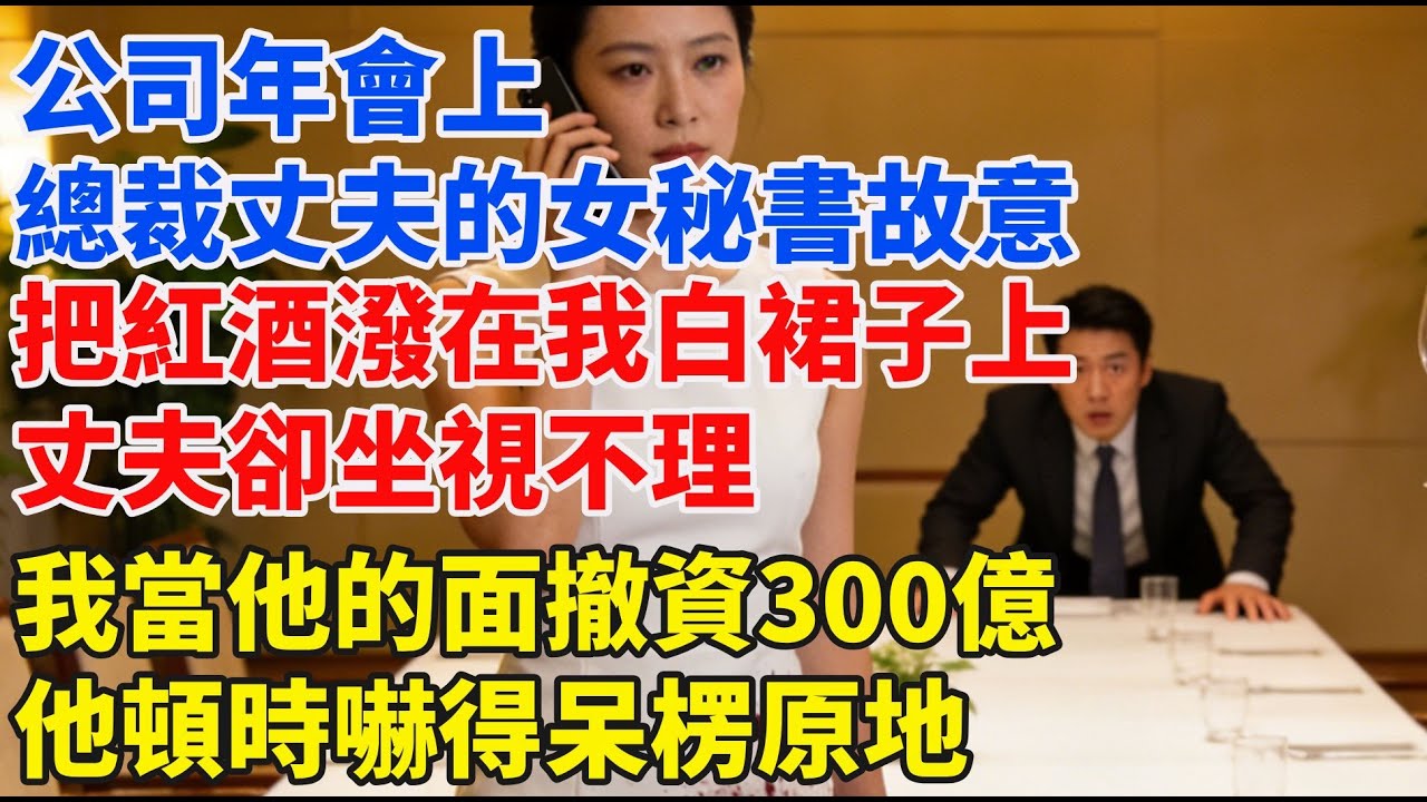 公司年會上，總裁丈夫的女祕書故意把紅酒潑在我白裙子上，丈夫卻坐視不理，我直接當他的面撥通電話撤資300億，他頓時嚇得呆楞原地#完結故事#情感故事#爽文#婆媳關系#家庭生活#故事頻道#故