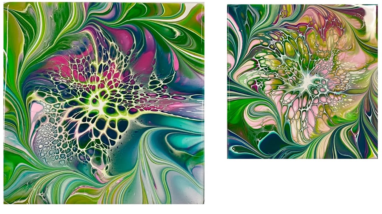 (1416) Bloom Technique, Barbie Pink Series with Green, Acrylic Paint Pouring