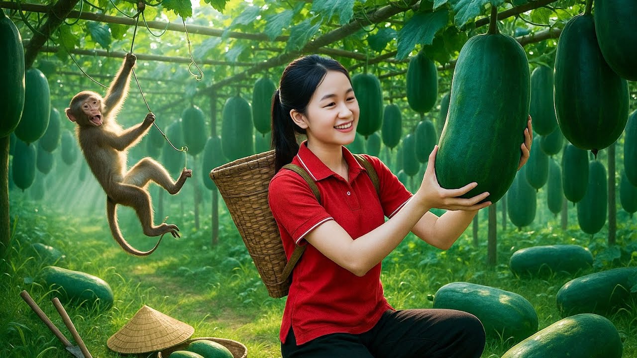 How To Harvest HUGE Green Gourds With A Monkey | Farm Life Tropics