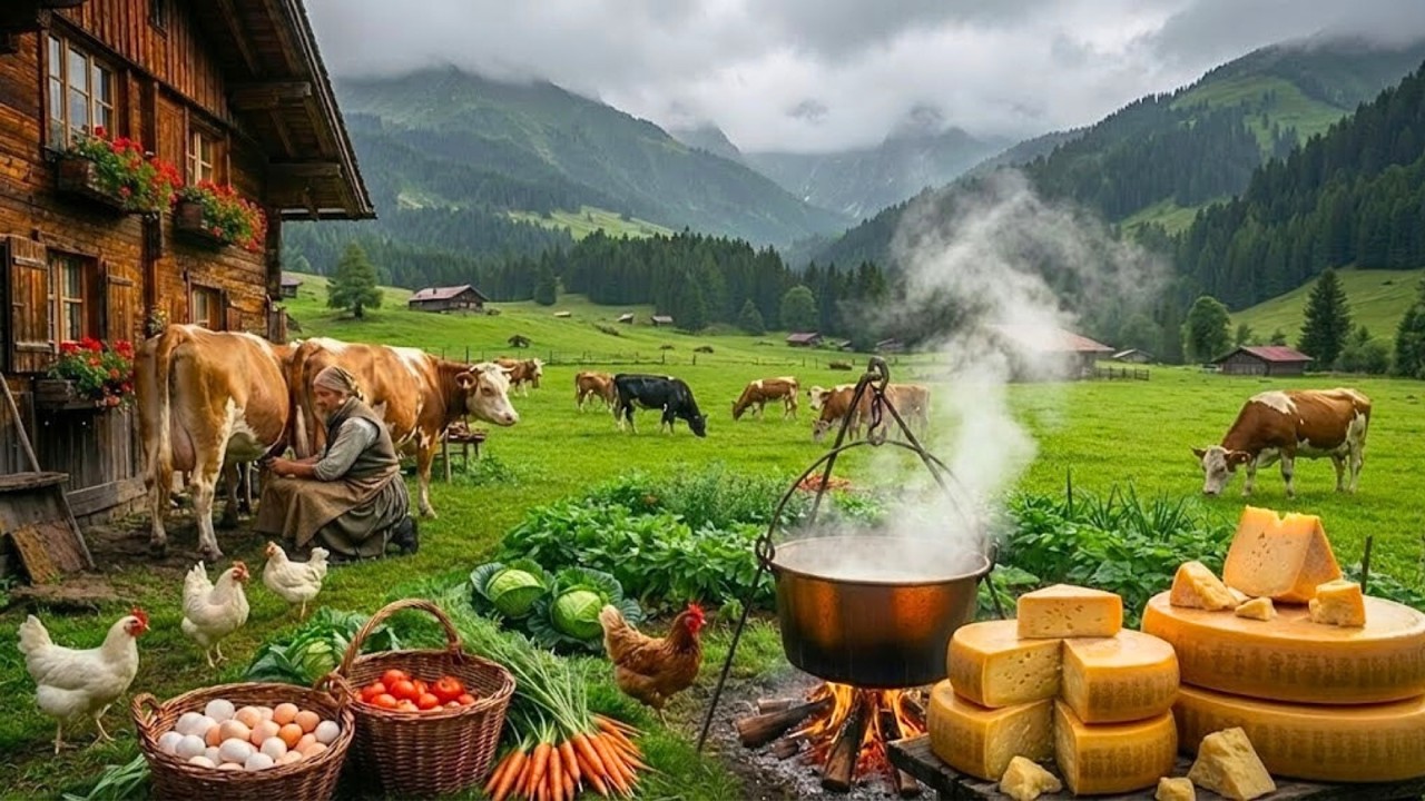 A Day in Peaceful Farm: Swiss cheese, Harvesting vegetables, Milking, Chicken Farming