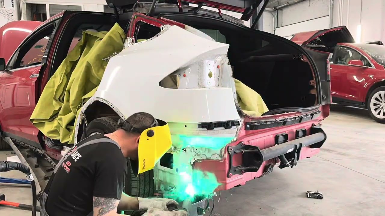 Tesla model X body repair. Кузовной ремонт тесла. Замена задней левой боковины. #car #tesla #kreps
