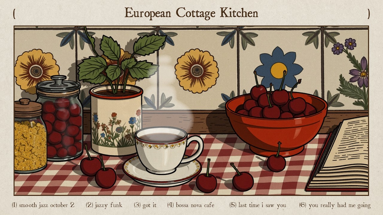 morning in a rustic European kitchen, enjoying freshly picked cherries from the garden with tea