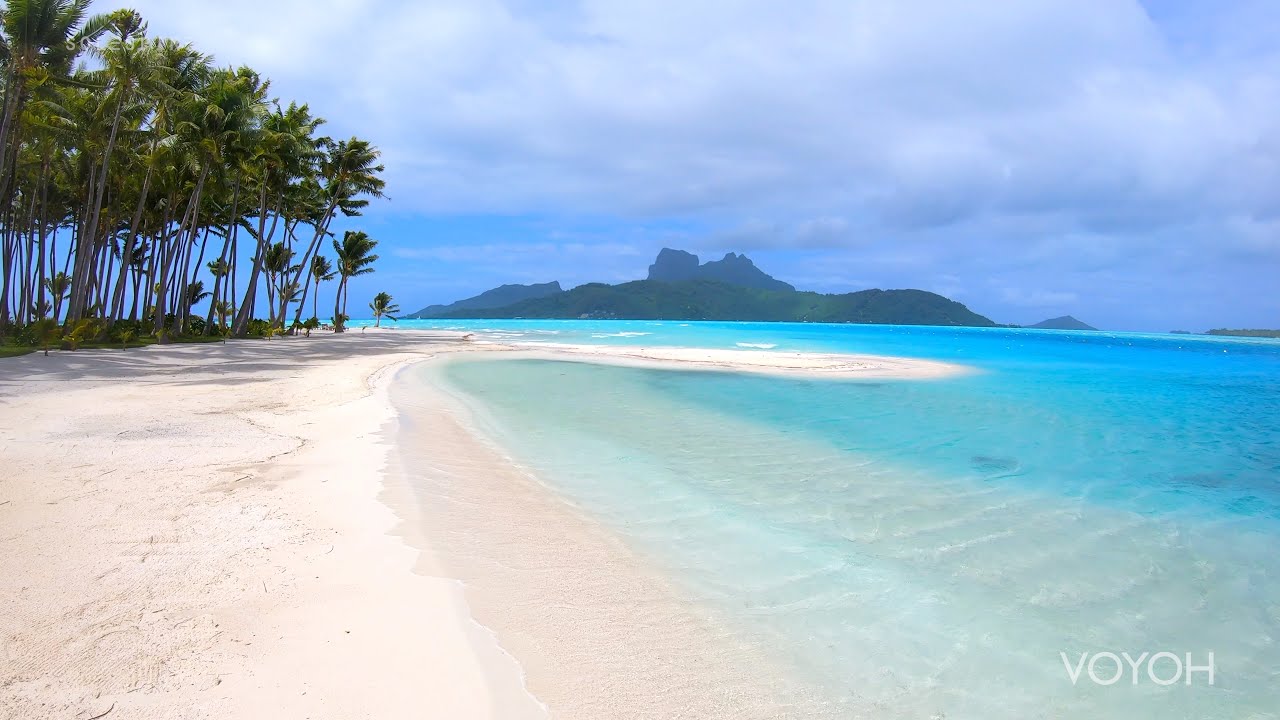 Promenade sur l'île tropicale, plage, mer | Motu Tane, Bora-Bora, Polynésie française | Voyage 4K