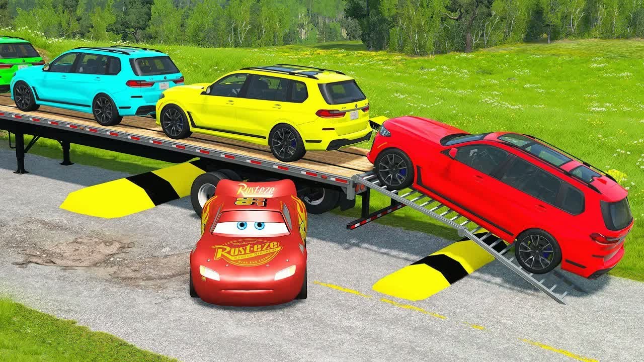 Flatbed Truck McQueen | Transportation with Truck - Pothole vs Car #21 | BeamNG.Drive Gameplay