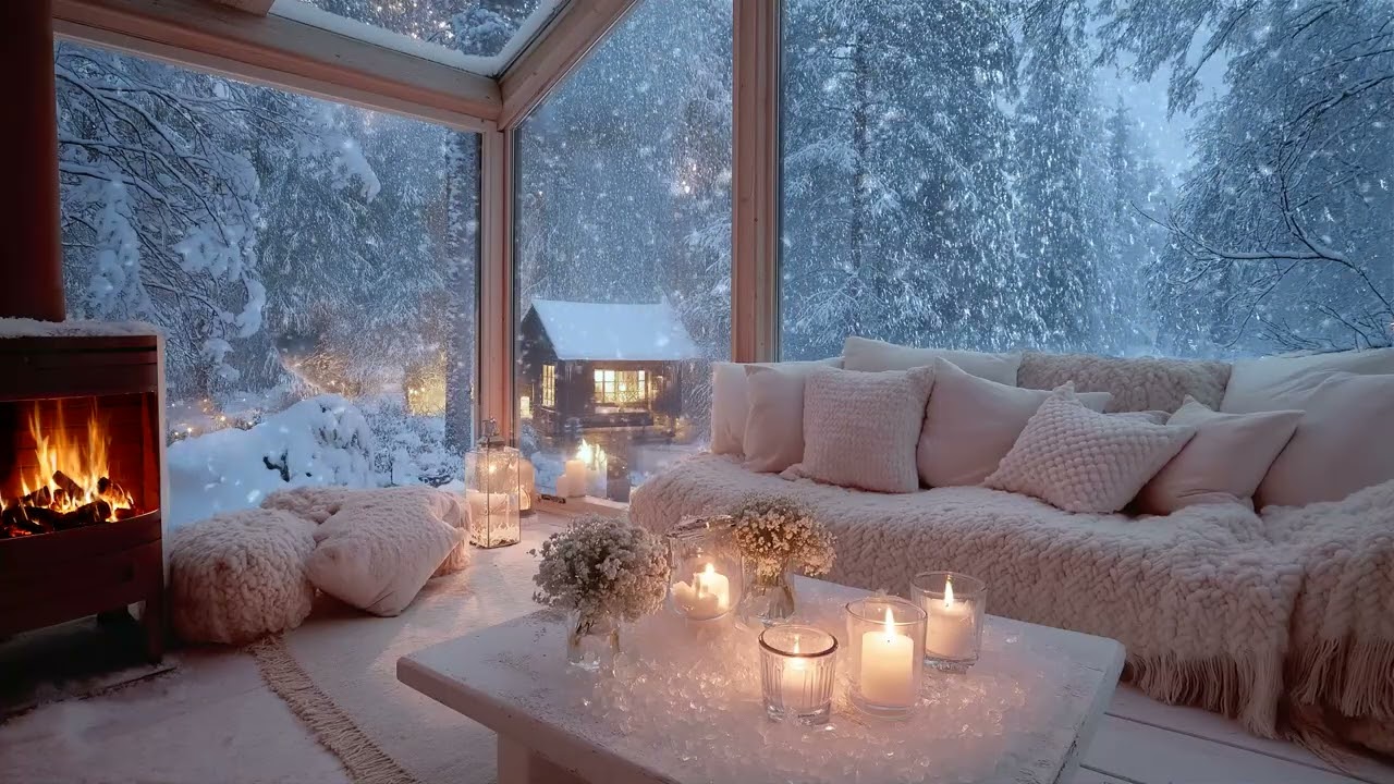 🕯️🎼 Romantic Snowy Winter Piano | Cozy White Lounge with Fireplace | 5 Hours Relax Focus Mood