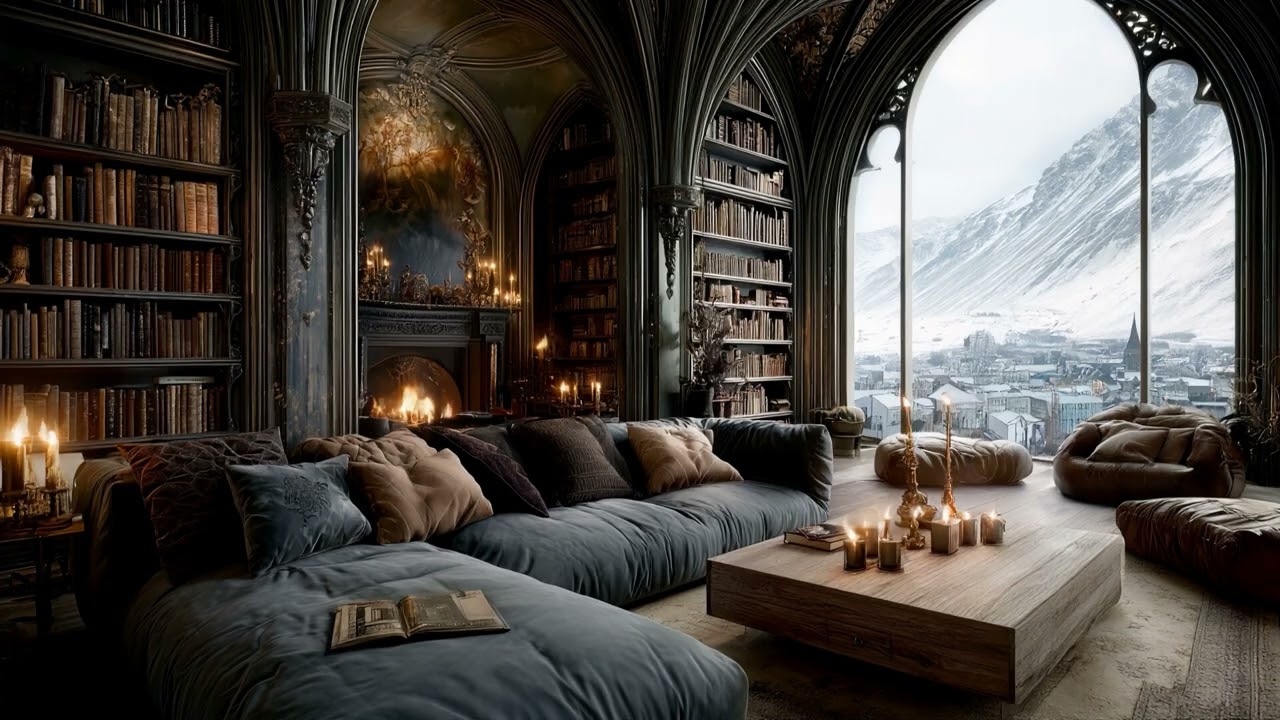 Gothic Study Ambience ❄️ Crackling Fire & Winter Storm