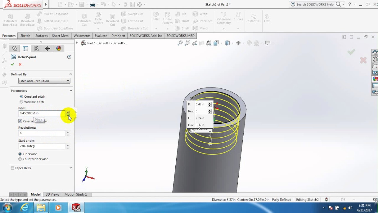 учебник по SolidWorks — как сделать резьбу внутри трубы