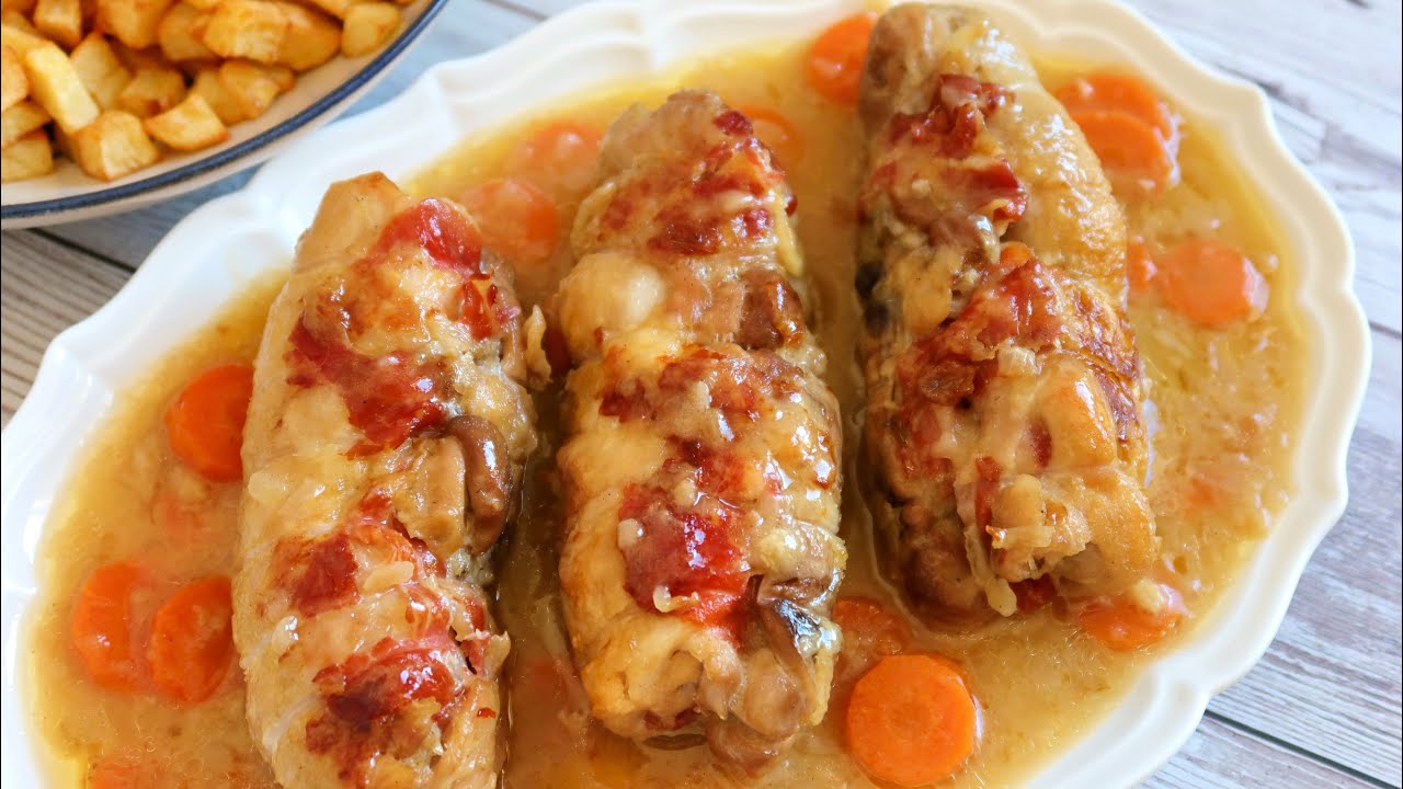 MUSLOS DE POLLO RELLENOS en salsa. Receta fácil y espectacular