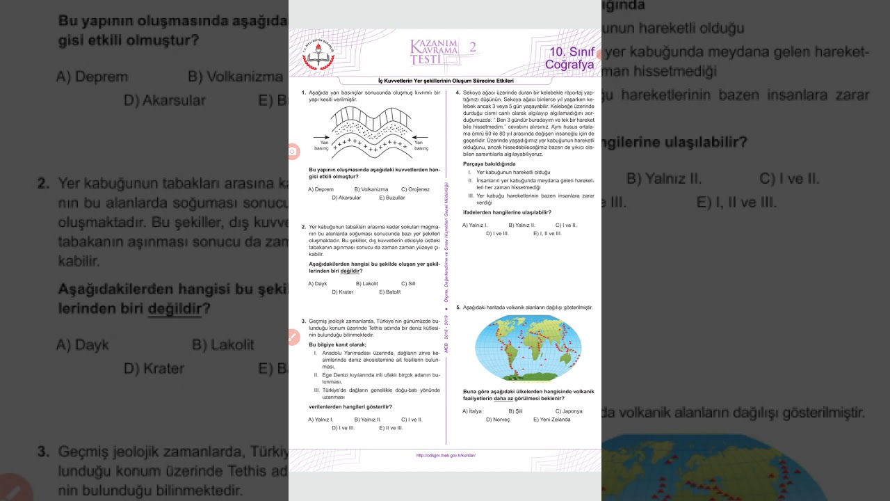10. Sınıf MEB kazanım testi 2 (İç Kuvvetlerin Yer Şekillerinin Oluşum Sürecine Etkisi)