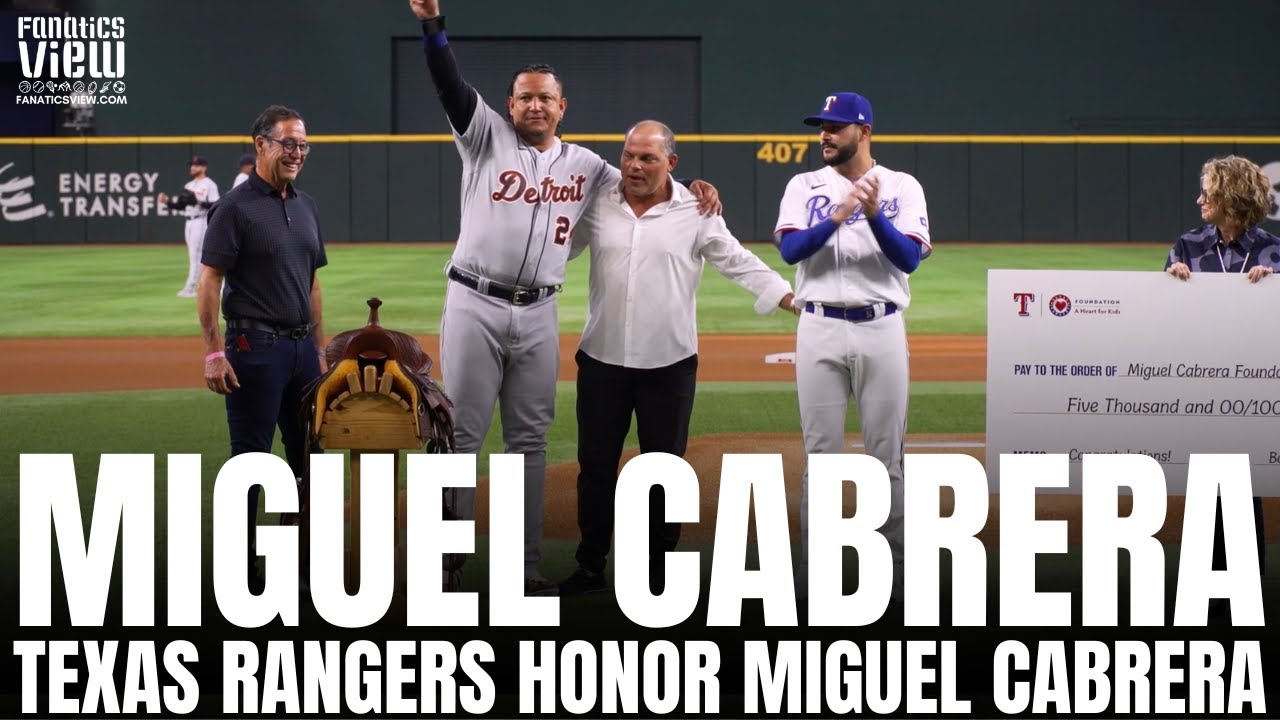Texas Rangers Retirement Gift Miguel Cabrera a Custom Saddle With Pudge Rodriguez & Martin Perez