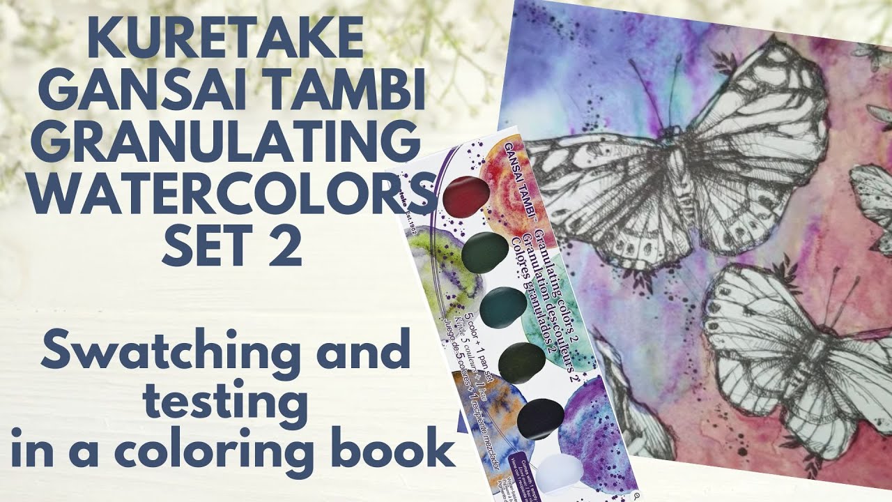 Kuretake Gansai Tambi Granulating Watercolors Set 2 - swatching and testing in a coloring book