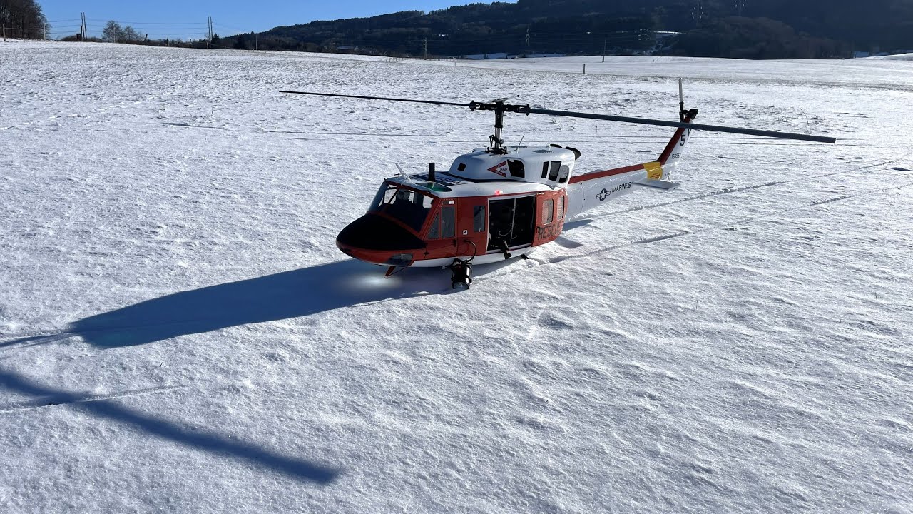 Giant Roban 800 RC Scale Helicopter Bell 212 Marines Rescue - Hoovering and Snowy Landing Slides