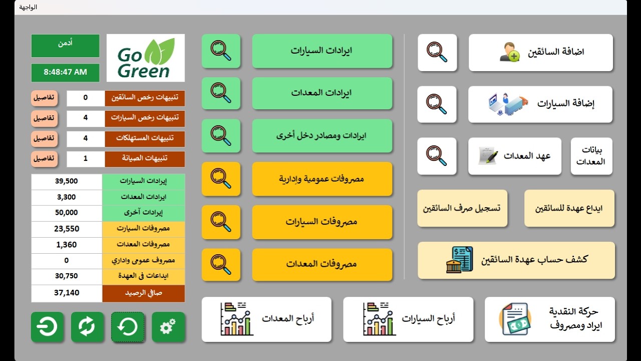 شئون وحسابات اساطيل السيارات و تأجير معدات وايرادات ومصروفات