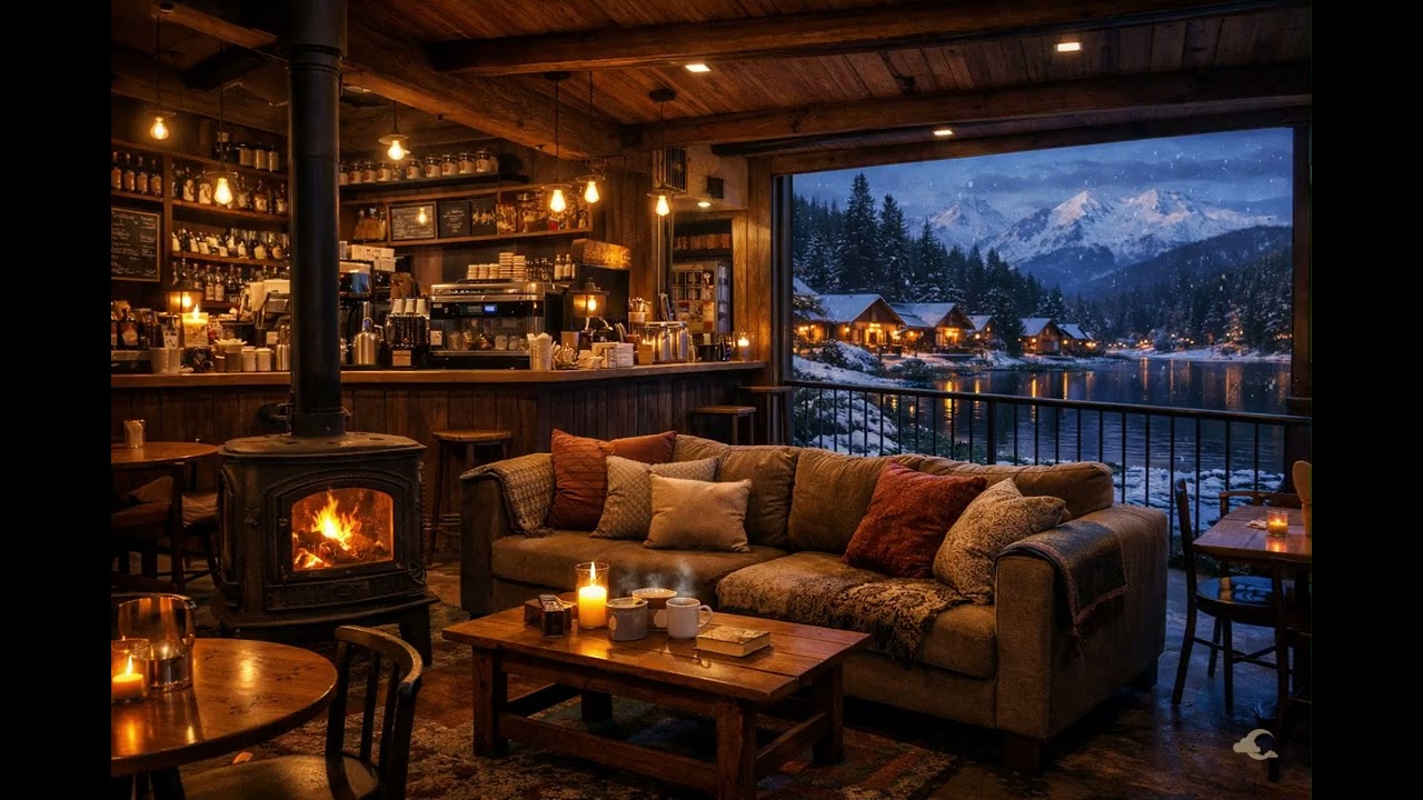 Cozy Winter Cabin Café Ambience ❄️ Fireplace, Snow Village & Lake | Relaxing Ambient Sounds (3 Hrs)